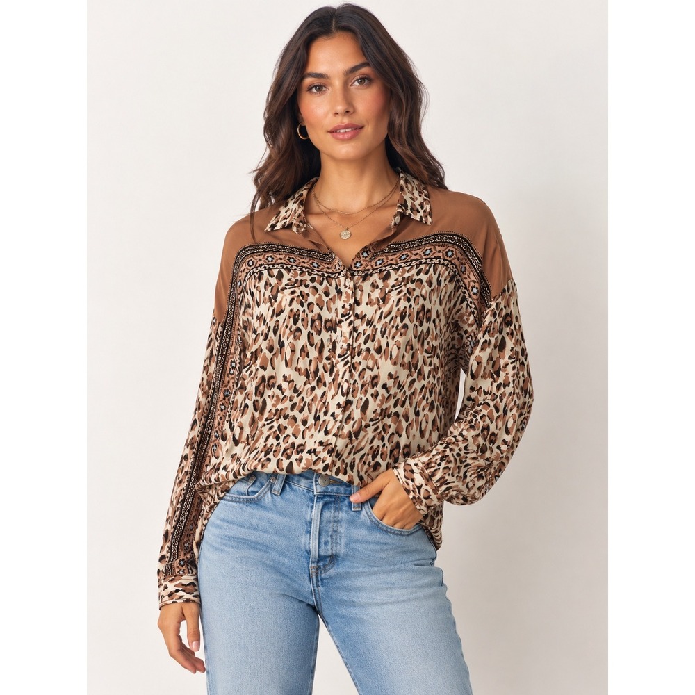 Tolani Leopard Print Button Front Blouse Size S Boho Animal Print Top Chic